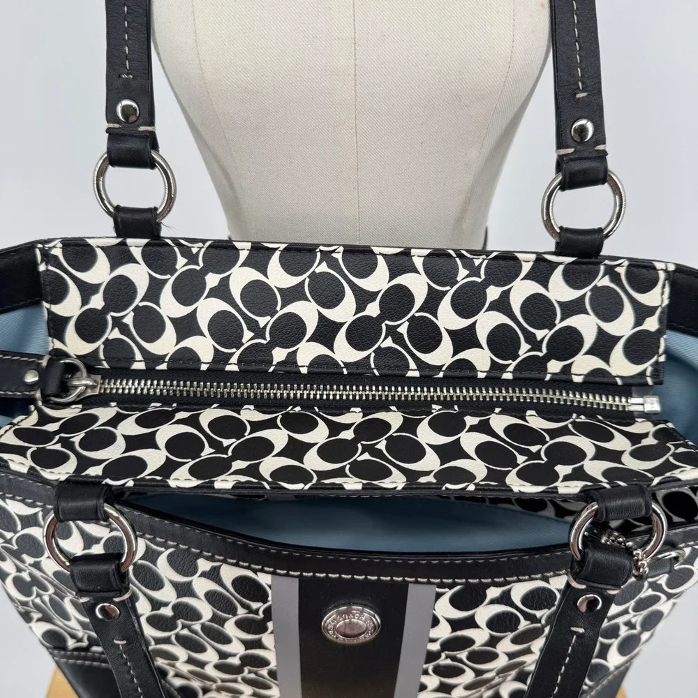 Coach Chelsea Heritage Stripe Signature Tote Black White Canvas Leather F15137